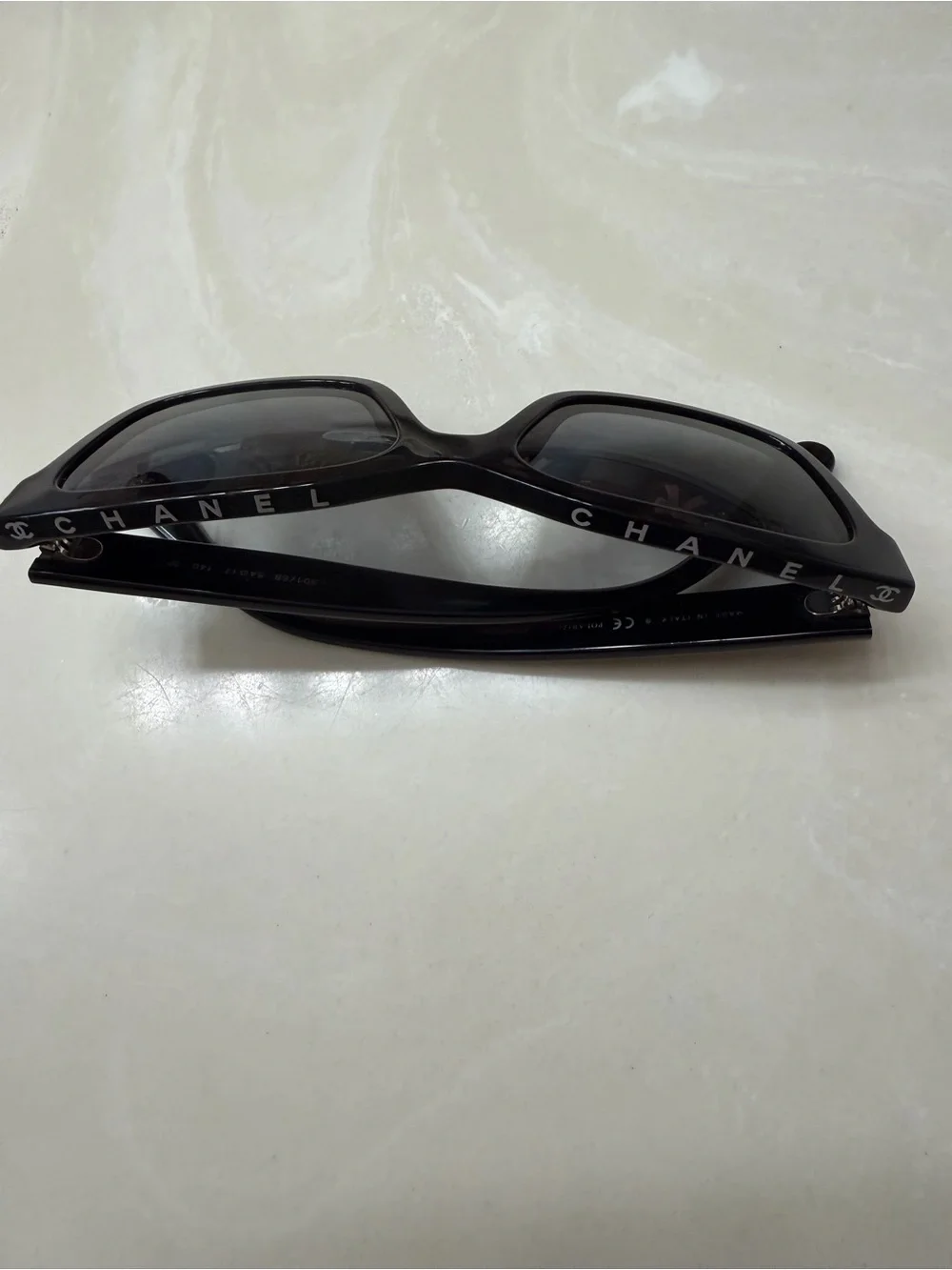 CHANEL Black Acetate Square Sunglasses with Gradient Gray Lenses